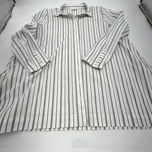 J Jill White Black Vertical Stripe Button down Long Sleeve High Low blouse Sz PL